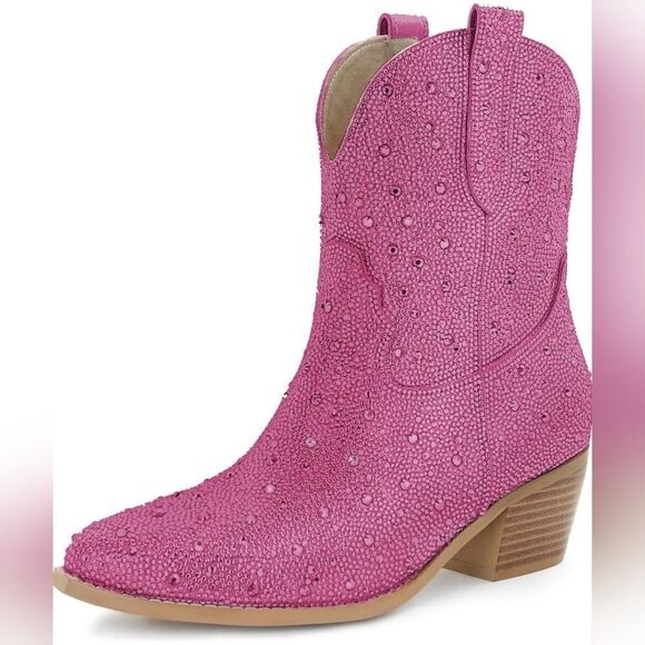 📷🩵NIB Hot Pink Rhinestone Block Heel Ankle Booties Size 8 - Picture 1 of 2